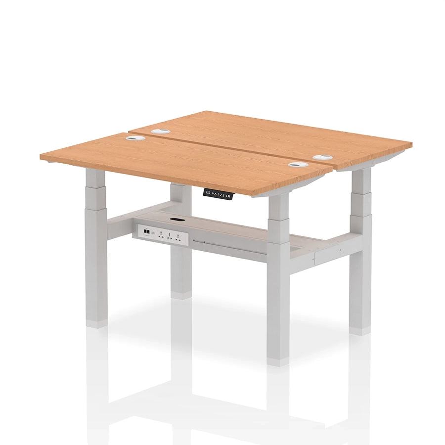 Air Back-to-Back Slimline Height Adjustable Bench Desk - 2 Person with cable ports W1200mm oak top with silver frame