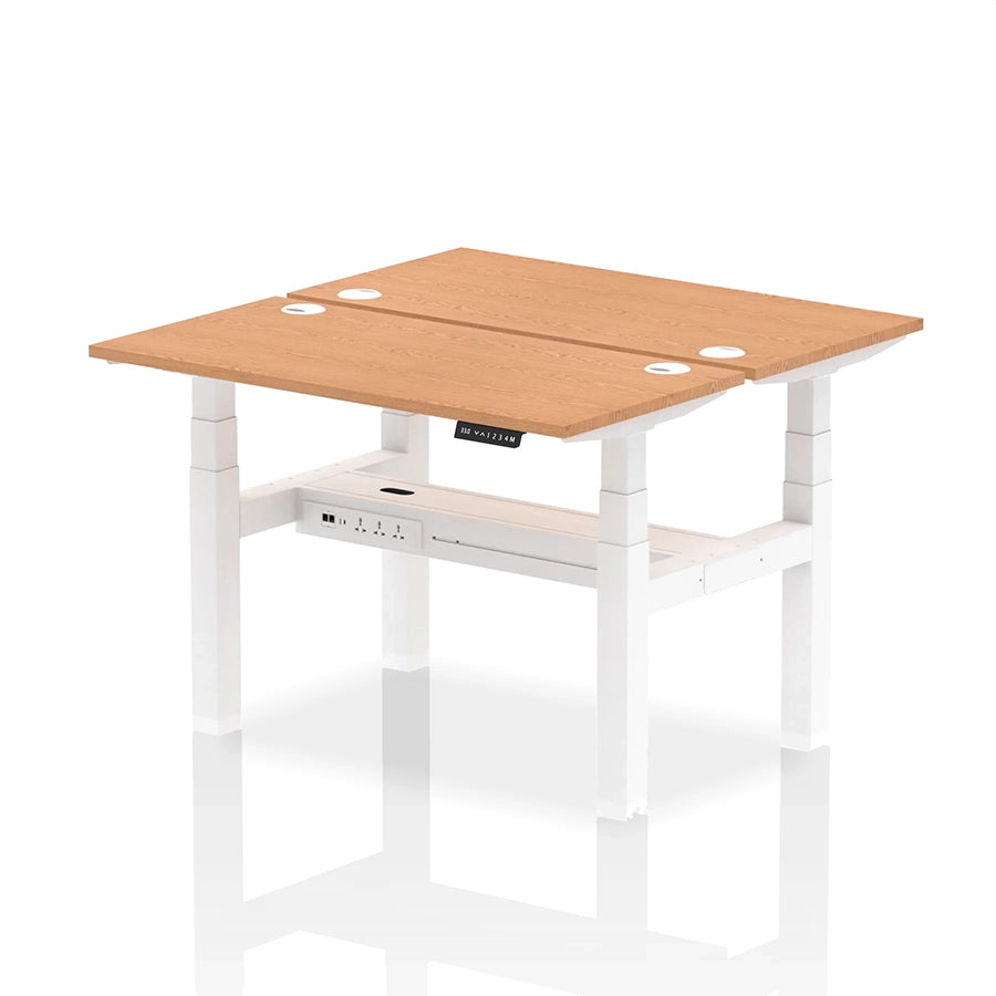 Air Back-to-Back Slimline Height Adjustable Bench Desk - 2 Person with cable ports W1200mm oak top with white frame