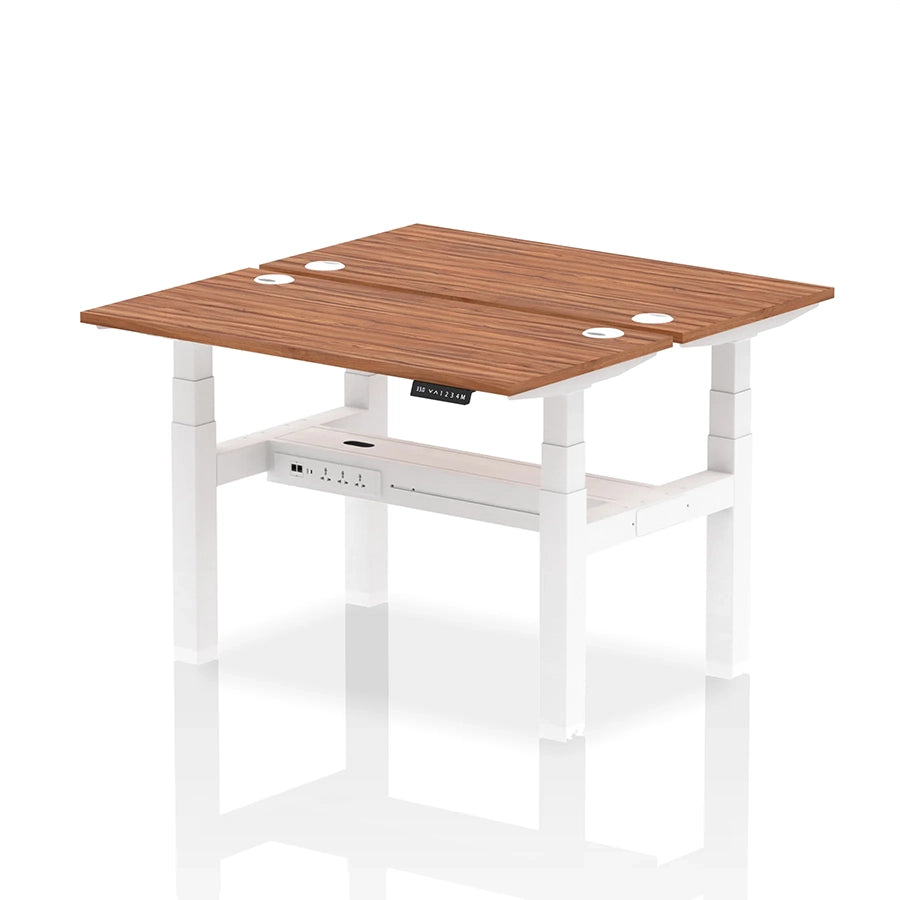 Air Back-to-Back Slimline Height Adjustable Bench Desk - 2 Person with cable ports W1200mm walnut top with white frame
