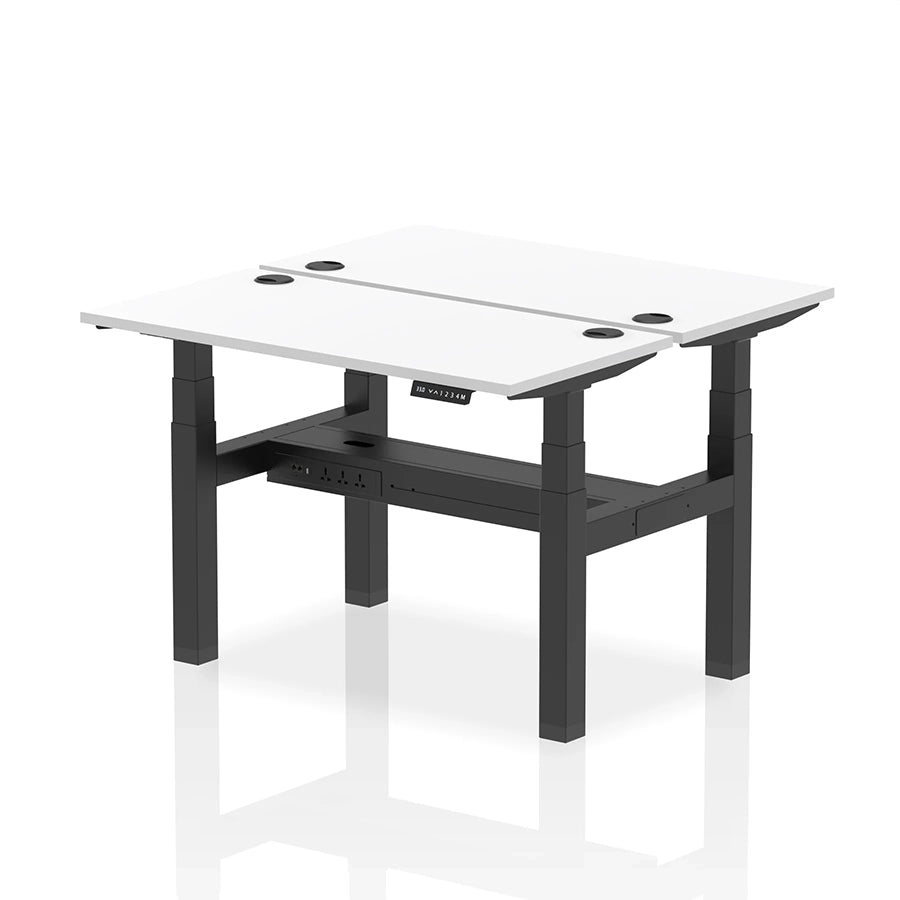 Air Back-to-Back Slimline Height Adjustable Bench Desk - 2 Person with cable ports W1200mm white top with black frame