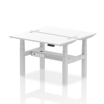 Air Back-to-Back Slimline Height Adjustable Bench Desk - 2 Person with cable ports W1200mm white top with silver frame