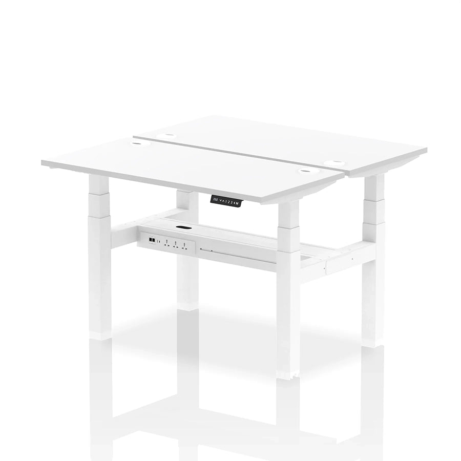 Air Back-to-Back Slimline Height Adjustable Bench Desk - 2 Person with cable ports W1200mm white top with white frame