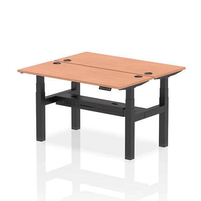 Air Back-to-Back Slimline Height Adjustable Bench Desk - 2 Person with cable ports W1400mm beech top with black frame
