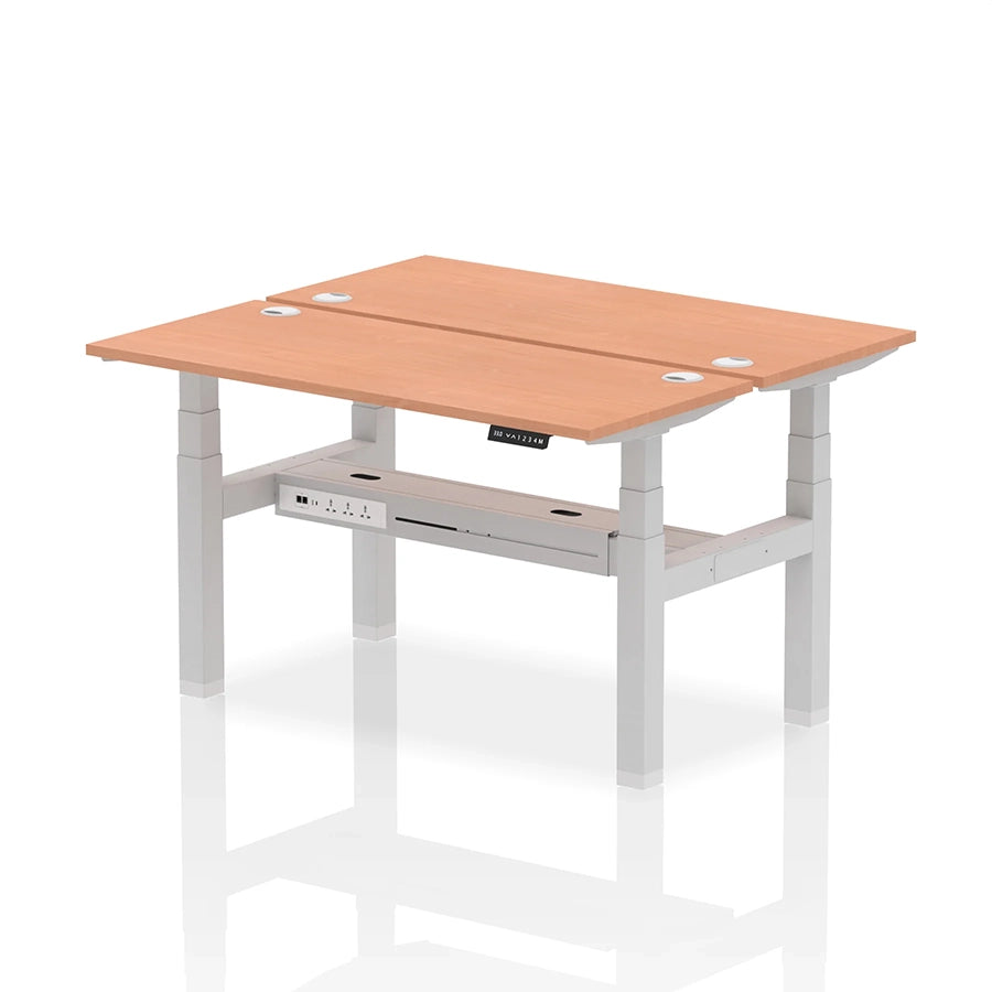 Air Back-to-Back Slimline Height Adjustable Bench Desk - 2 Person with cable ports W1400mm beech top with silver frame