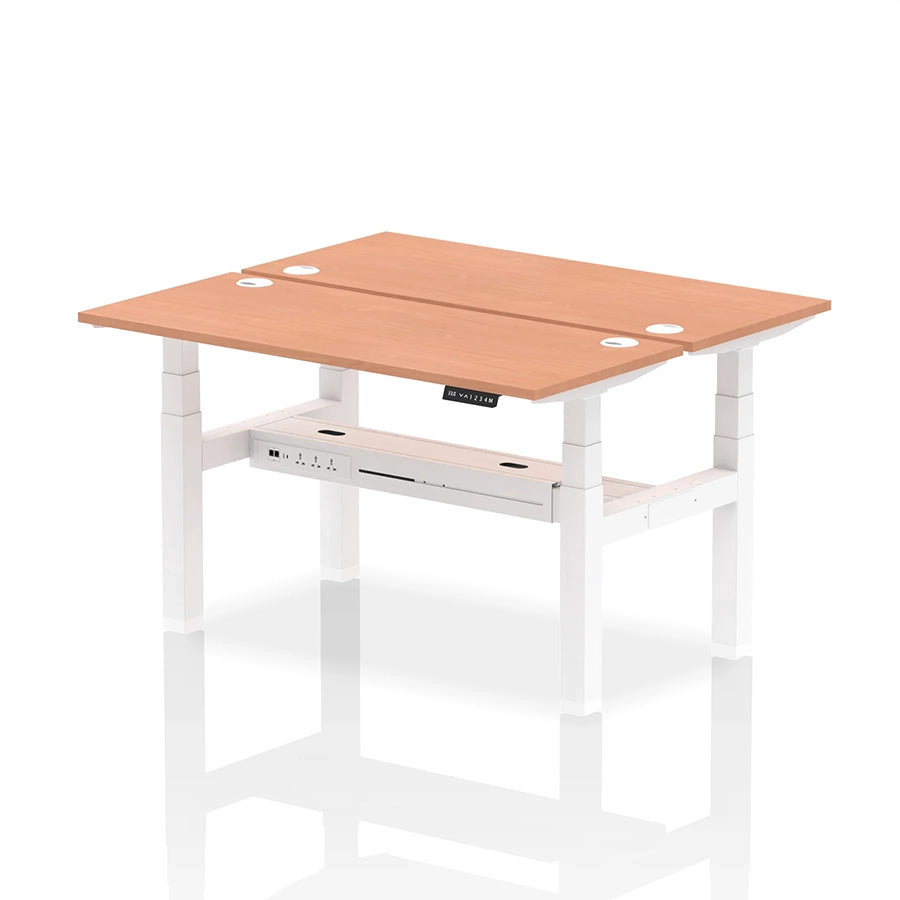 Air Back-to-Back Slimline Height Adjustable Bench Desk - 2 Person with cable ports W1400mm beech top with white frame