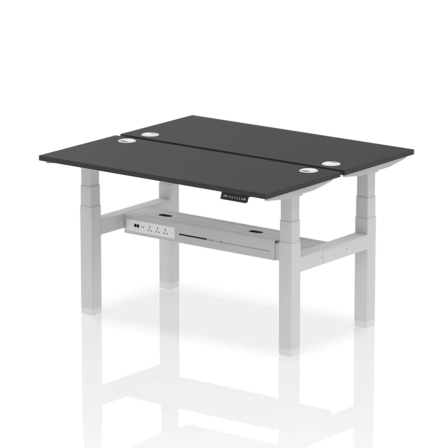 Air Back-to-Back Slimline Height Adjustable Bench Desk - 2 Person with cable ports W1400mm black top with silver frame