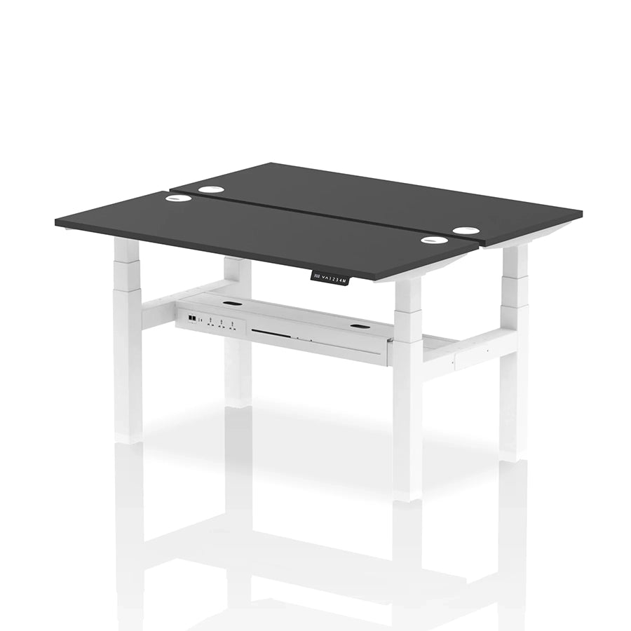 Air Back-to-Back Slimline Height Adjustable Bench Desk - 2 Person with cable ports W1400mm black top with white frame