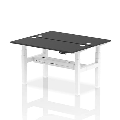 Air Back-to-Back Slimline Height Adjustable Bench Desk - 2 Person with cable ports W1400mm black top with white frame