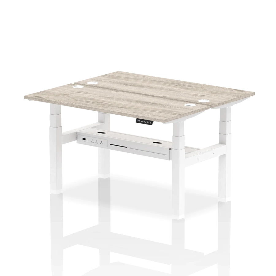 Air Back-to-Back Slimline Height Adjustable Bench Desk - 2 Person with cable ports W1400mm grey oak top with white frame