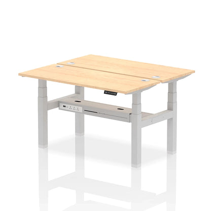 Air Back-to-Back Slimline Height Adjustable Bench Desk - 2 Person with cable ports W1400mm maple top with silver frame