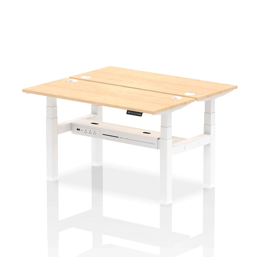 Air Back-to-Back Slimline Height Adjustable Bench Desk - 2 Person with cable ports W1400mm maple top with white frame