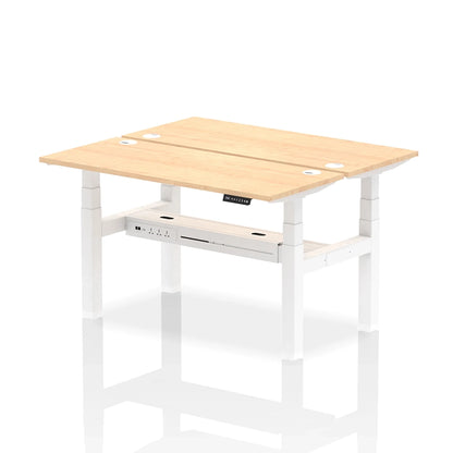 Air Back-to-Back Slimline Height Adjustable Bench Desk - 2 Person with cable ports W1400mm maple top with white frame