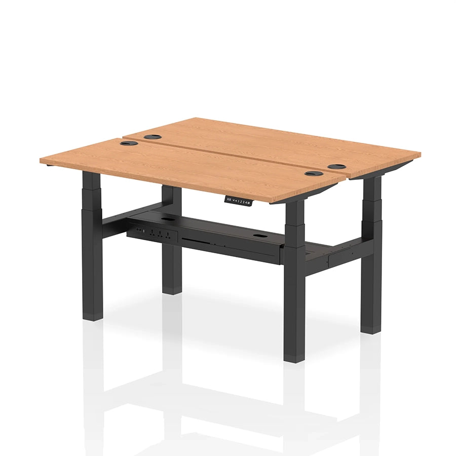 Air Back-to-Back Slimline Height Adjustable Bench Desk - 2 Person with cable ports W1400mm oak top with black frame