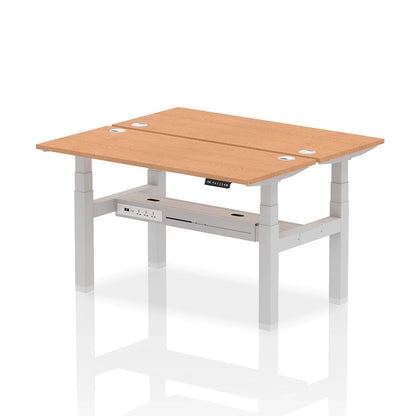 Air Back-to-Back Slimline Height Adjustable Bench Desk - 2 Person with cable ports W1400mm oak top with silver frame