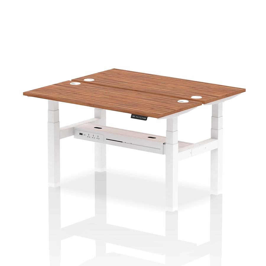 Air Back-to-Back Slimline Height Adjustable Bench Desk - 2 Person with cable ports W1400mm walnut top with white frame
