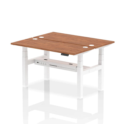 Air Back-to-Back Slimline Height Adjustable Bench Desk - 2 Person with cable ports W1400mm walnut top with white frame