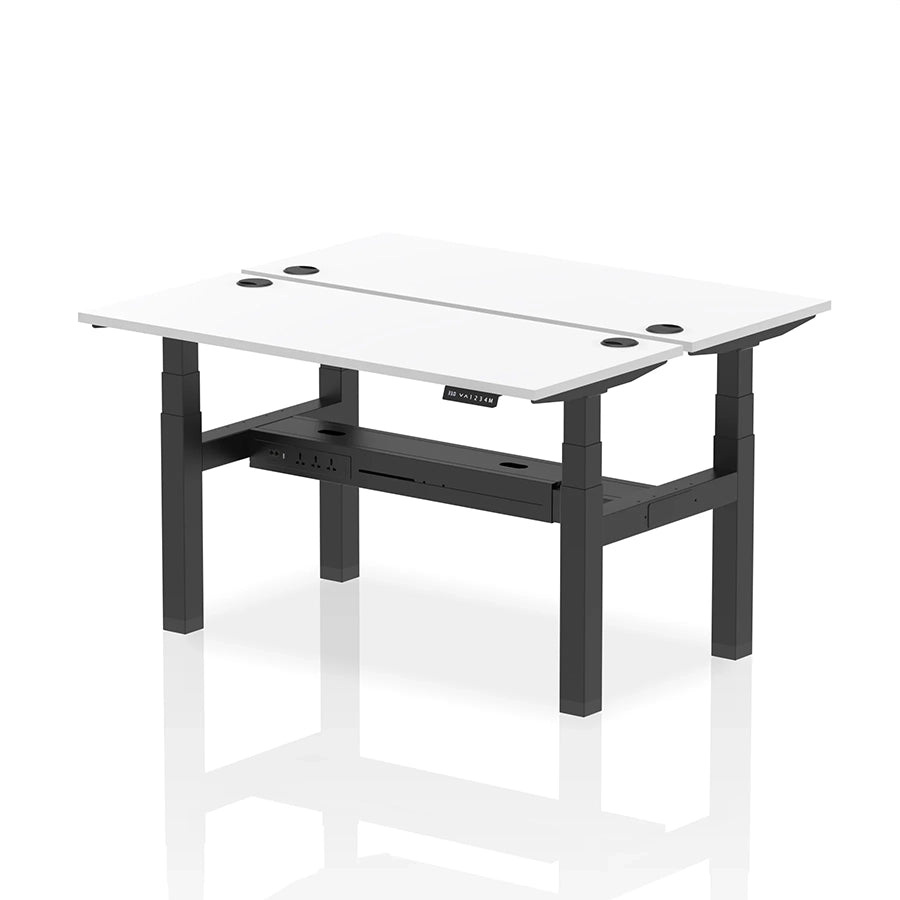 Air Back-to-Back Slimline Height Adjustable Bench Desk - 2 Person with cable ports W1400mm white top with black frame