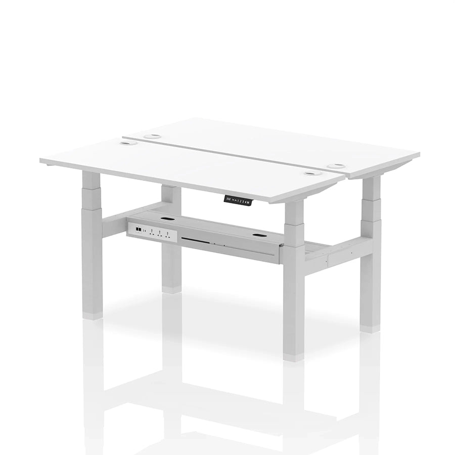 Air Back-to-Back Slimline Height Adjustable Bench Desk - 2 Person with cable ports W1400mm white top with silver frame