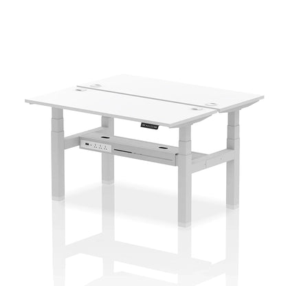 Air Back-to-Back Slimline Height Adjustable Bench Desk - 2 Person with cable ports W1400mm white top with silver frame