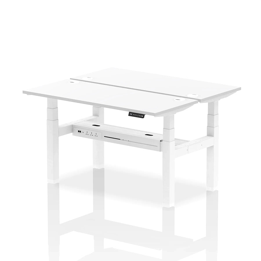Air Back-to-Back Slimline Height Adjustable Bench Desk - 2 Person with cable ports W1400mm white top with white frame
