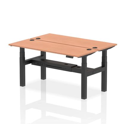 Air Back-to-Back Slimline Height Adjustable Bench Desk - 2 Person with cable ports W1600mm beech top with black frame