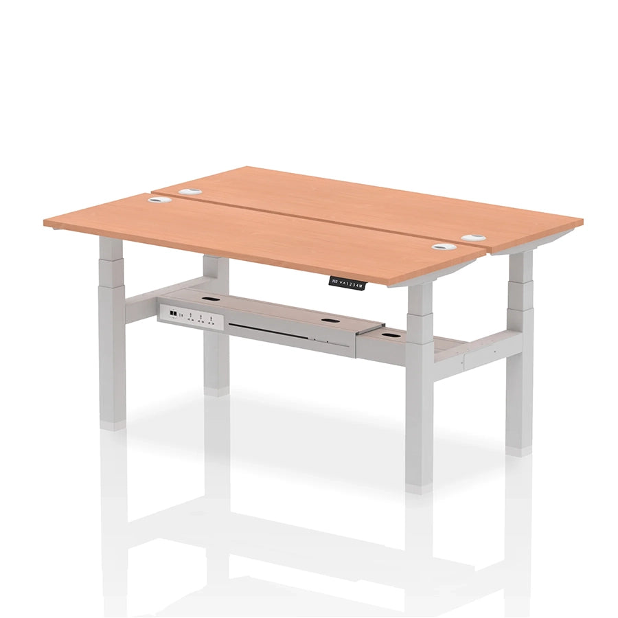 Air Back-to-Back Slimline Height Adjustable Bench Desk - 2 Person with cable ports W1600mm beech top with silver frame