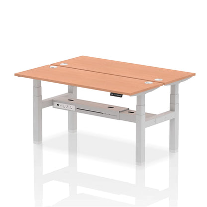 Air Back-to-Back Slimline Height Adjustable Bench Desk - 2 Person with cable ports W1600mm beech top with silver frame