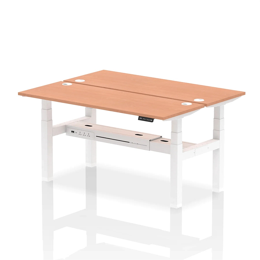 Air Back-to-Back Slimline Height Adjustable Bench Desk - 2 Person with cable ports W1600mm beech top with white frame