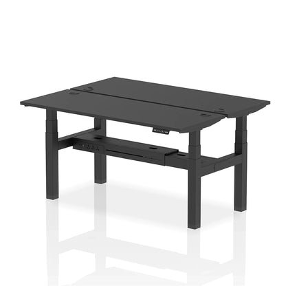 Air Back-to-Back Slimline Height Adjustable Bench Desk - 2 Person with cable ports W1600mm black top with black frame
