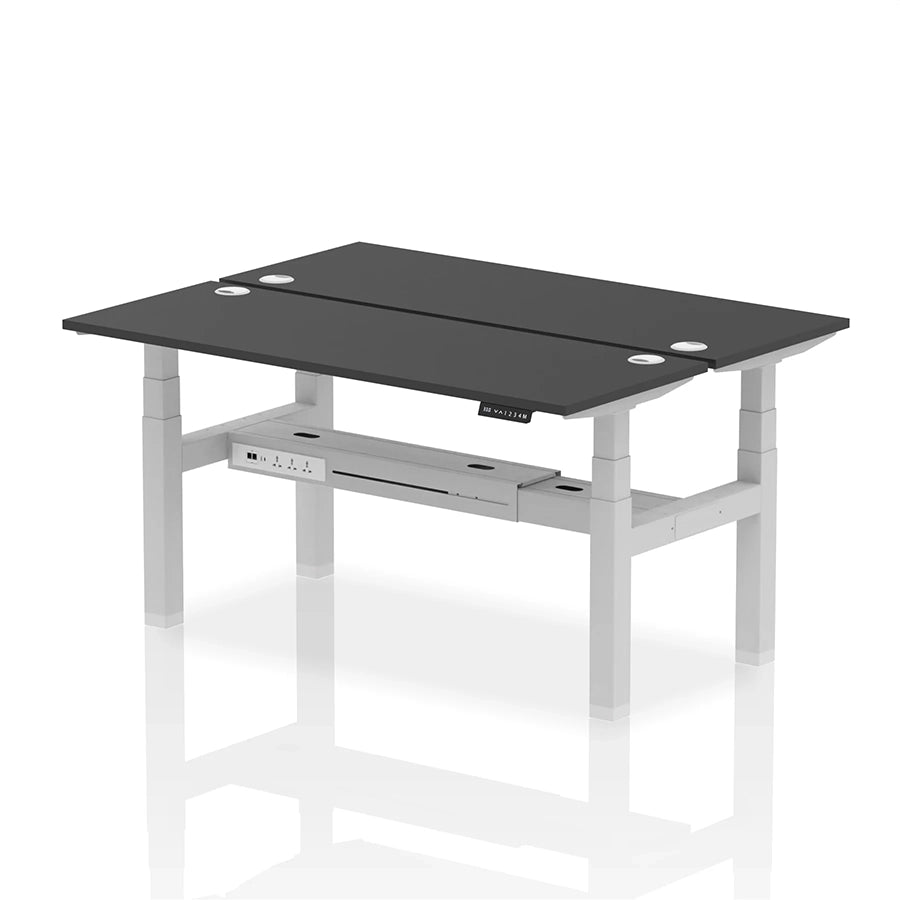 Air Back-to-Back Slimline Height Adjustable Bench Desk - 2 Person with cable ports W1600mm black top with silver frame
