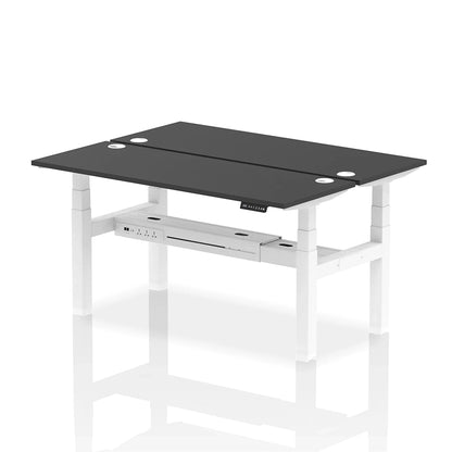 Air Back-to-Back Slimline Height Adjustable Bench Desk - 2 Person with cable ports W1600mm black top with white frame