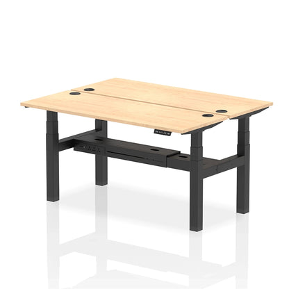 Air Back-to-Back Slimline Height Adjustable Bench Desk - 2 Person with cable ports W1600mm maple top with black frame