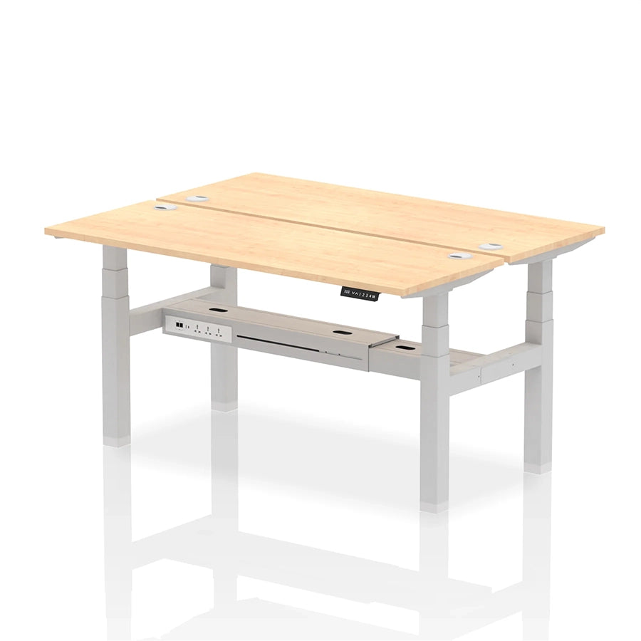 Air Back-to-Back Slimline Height Adjustable Bench Desk - 2 Person with cable ports W1600mm maple top with silver frame