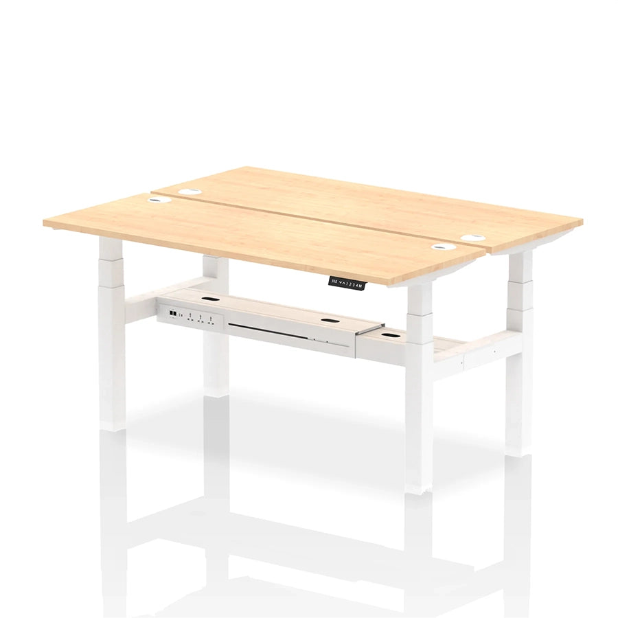 Air Back-to-Back Slimline Height Adjustable Bench Desk - 2 Person with cable ports W1600mm maple top with white frame