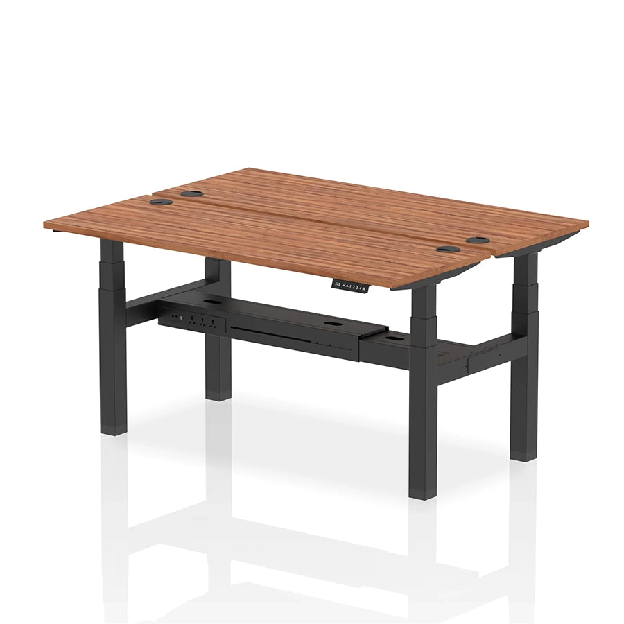 Air Back-to-Back Slimline Height Adjustable Bench Desk - 2 Person with cable ports W1600mm walnut top with black frame