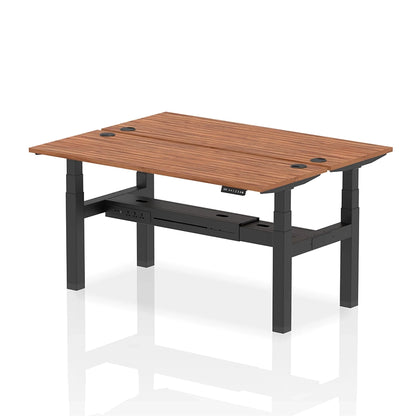 Air Back-to-Back Slimline Height Adjustable Bench Desk - 2 Person with cable ports W1600mm walnut top with black frame
