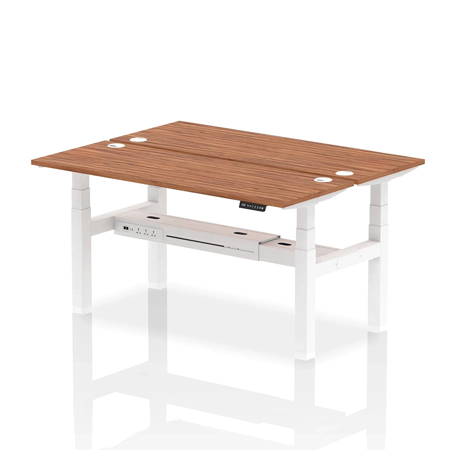 Air Back-to-Back Slimline Height Adjustable Bench Desk - 2 Person with cable ports W1600mm walnut top with white frame