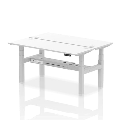 Air Back-to-Back Slimline Height Adjustable Bench Desk - 2 Person with cable ports W1600mm white top with silver frame