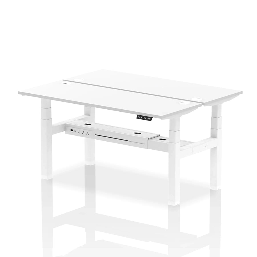 Air Back-to-Back Slimline Height Adjustable Bench Desk - 2 Person with cable ports W1600mm white top with white frame
