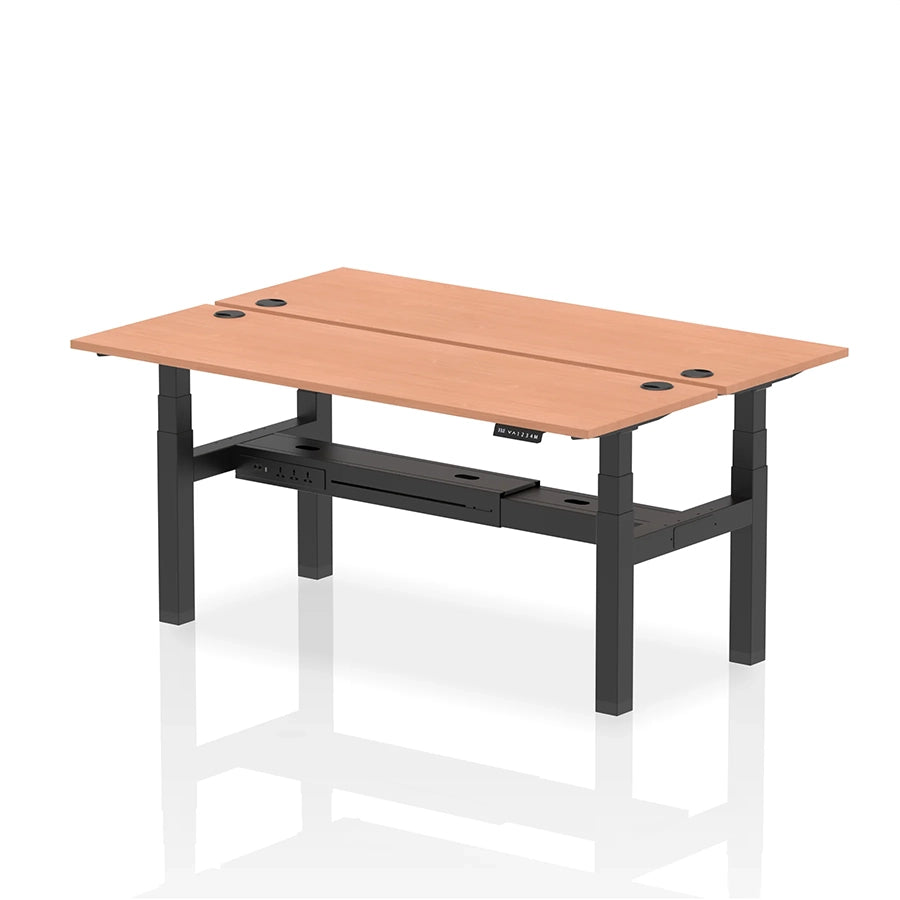 Air Back-to-Back Slimline Height Adjustable Bench Desk - 2 Person with cable ports W1800mm beech top with black frame