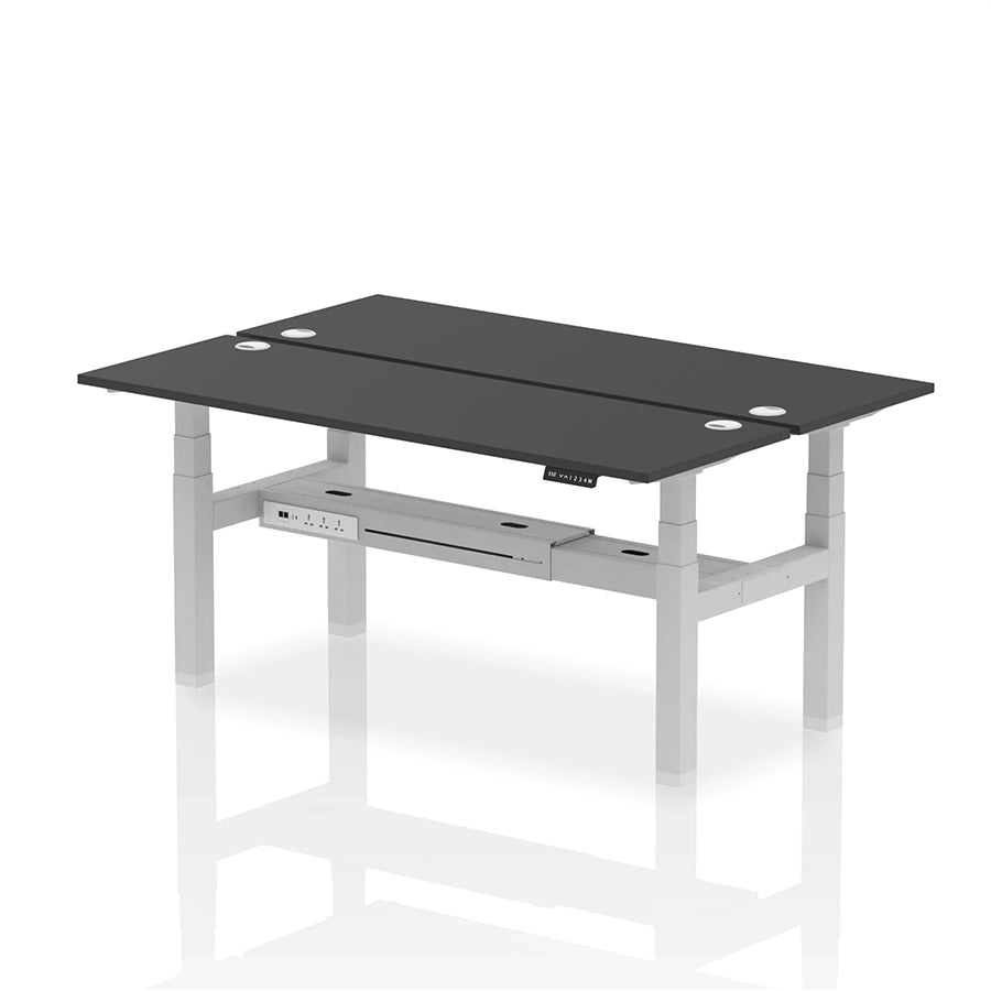 Air Back-to-Back Slimline Height Adjustable Bench Desk - 2 Person with cable ports W1800mm black top with silver frame