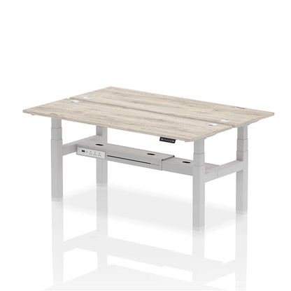 Air Back-to-Back Slimline Height Adjustable Bench Desk - 2 Person with cable ports W1800mm grey oak top with silver frame
