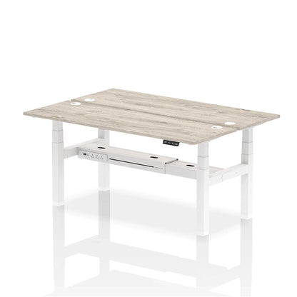 Air Back-to-Back Slimline Height Adjustable Bench Desk - 2 Person with cable ports W1800mm grey oak top with white frame