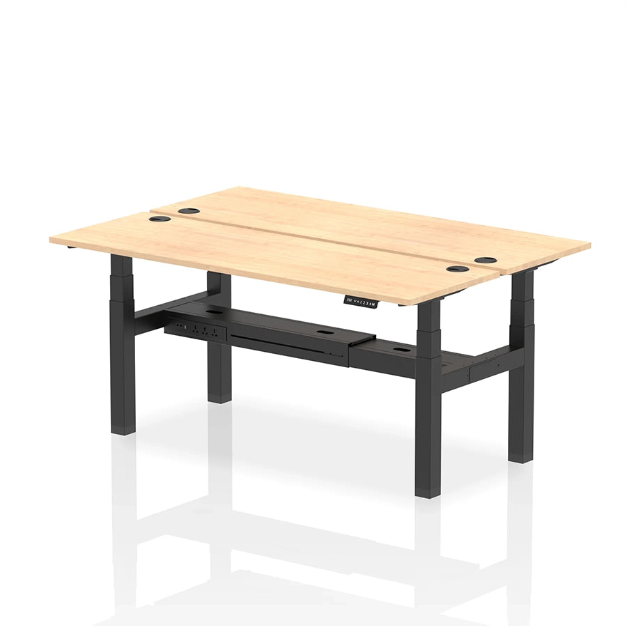 Air Back-to-Back Slimline Height Adjustable Bench Desk - 2 Person with cable ports W1800mm maple top with black frame