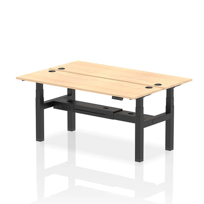 Air Back-to-Back Slimline Height Adjustable Bench Desk - 2 Person with cable ports W1800mm maple top with black frame