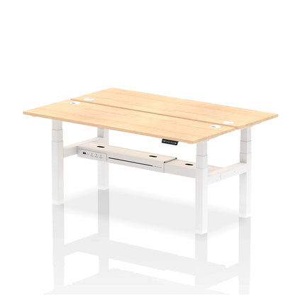 Air Back-to-Back Slimline Height Adjustable Bench Desk - 2 Person with cable ports W1800mm maple top with white frame