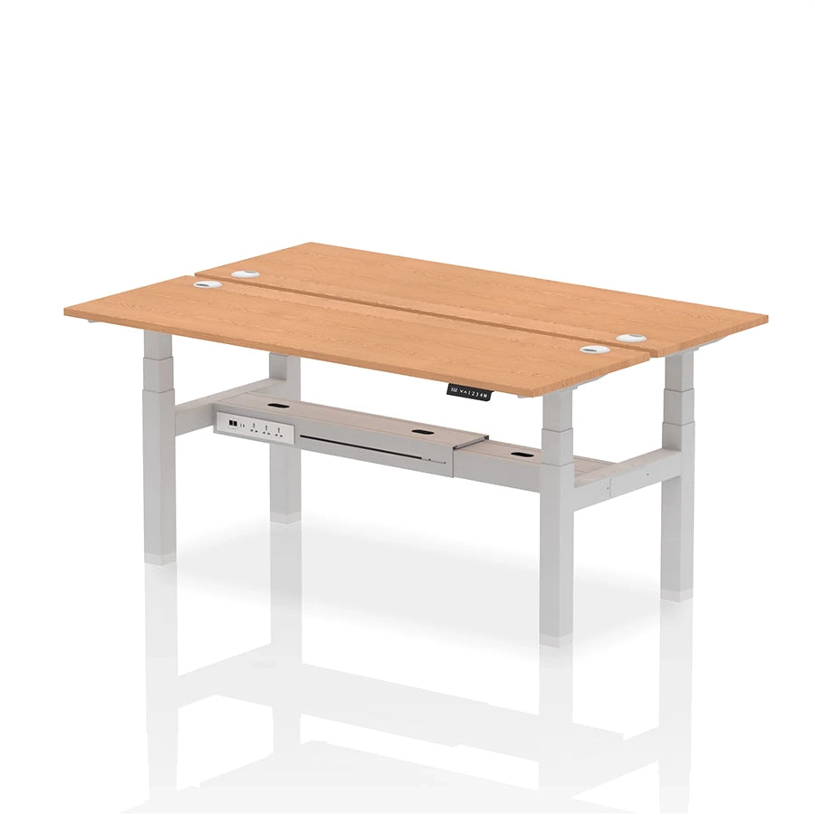 Air Back-to-Back Slimline Height Adjustable Bench Desk - 2 Person with cable ports W1800mm oak top with silver frame