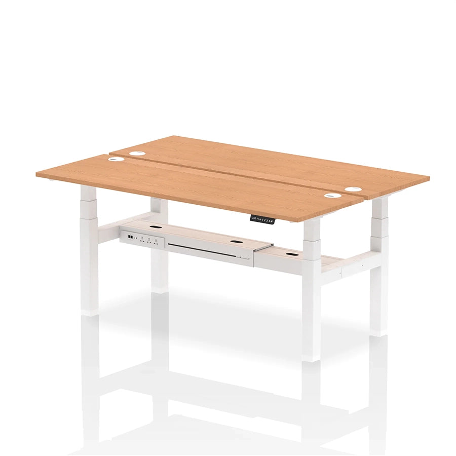 Air Back-to-Back Slimline Height Adjustable Bench Desk - 2 Person with cable ports W1800mm oak top with white frame