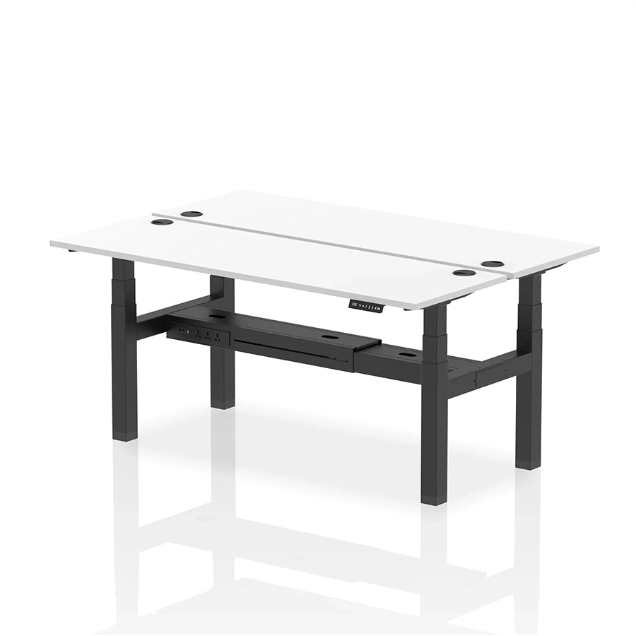 Air Back-to-Back Slimline Height Adjustable Bench Desk - 2 Person with cable ports W1800mm white top with black frame