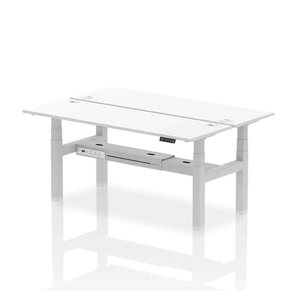 Air Back-to-Back Slimline Height Adjustable Bench Desk - 2 Person with cable ports W1800mm white top with silver frame